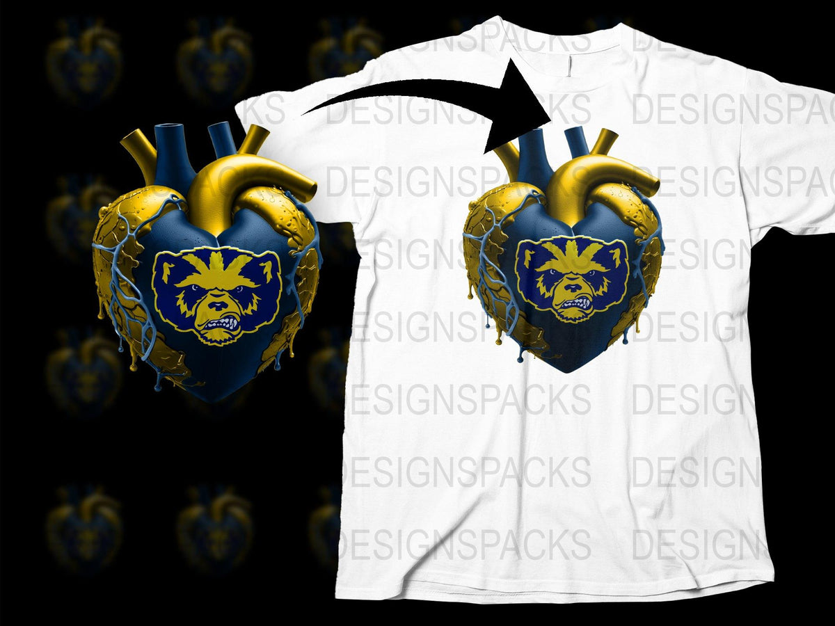 Anatomical Heart Graphic T-Shirt, Blue and Gold Lion Design, Unique Artistic Tee, Unisex Fashion Clothing