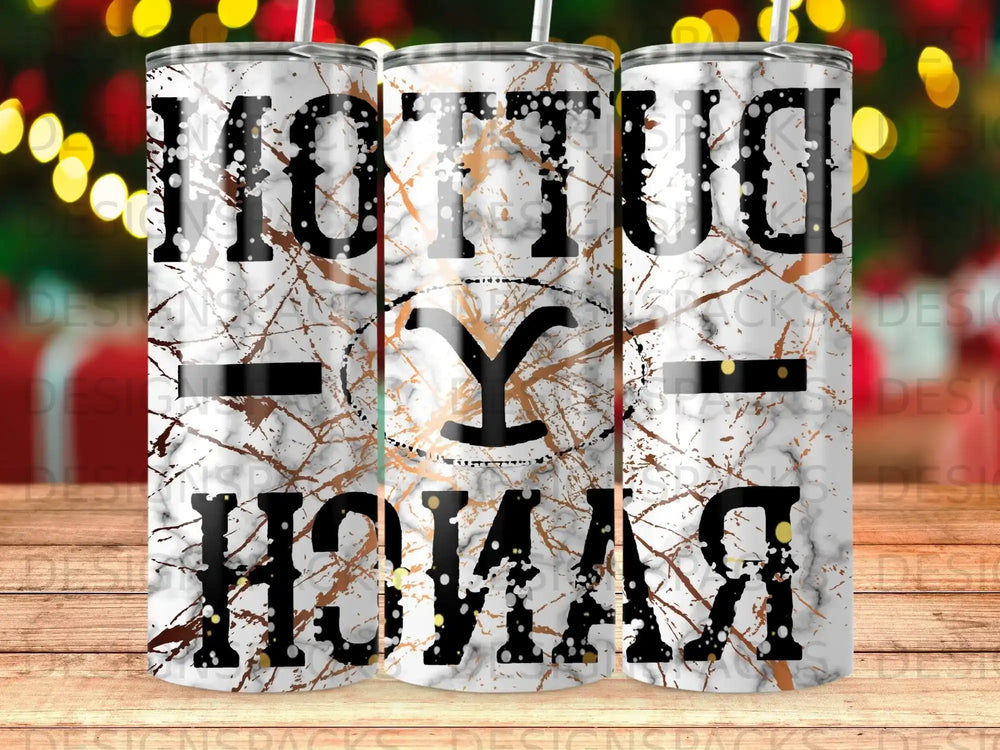 Tumbler with "Y" brand logo and marbled pattern.