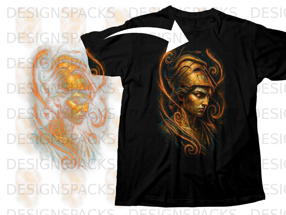 Black t-shirt featuring an artistic depiction of a warrior's head with golden armor and swirling orange and blue accents.