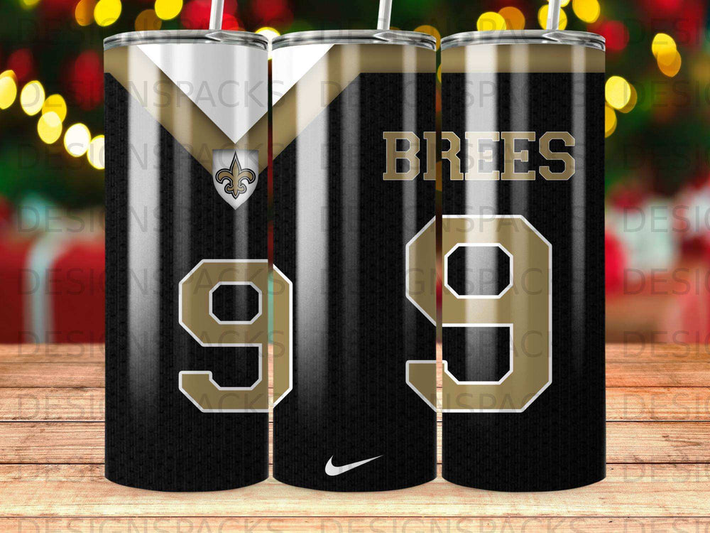 New Orleans Saints #9 Brees jersey design on black tumbler.