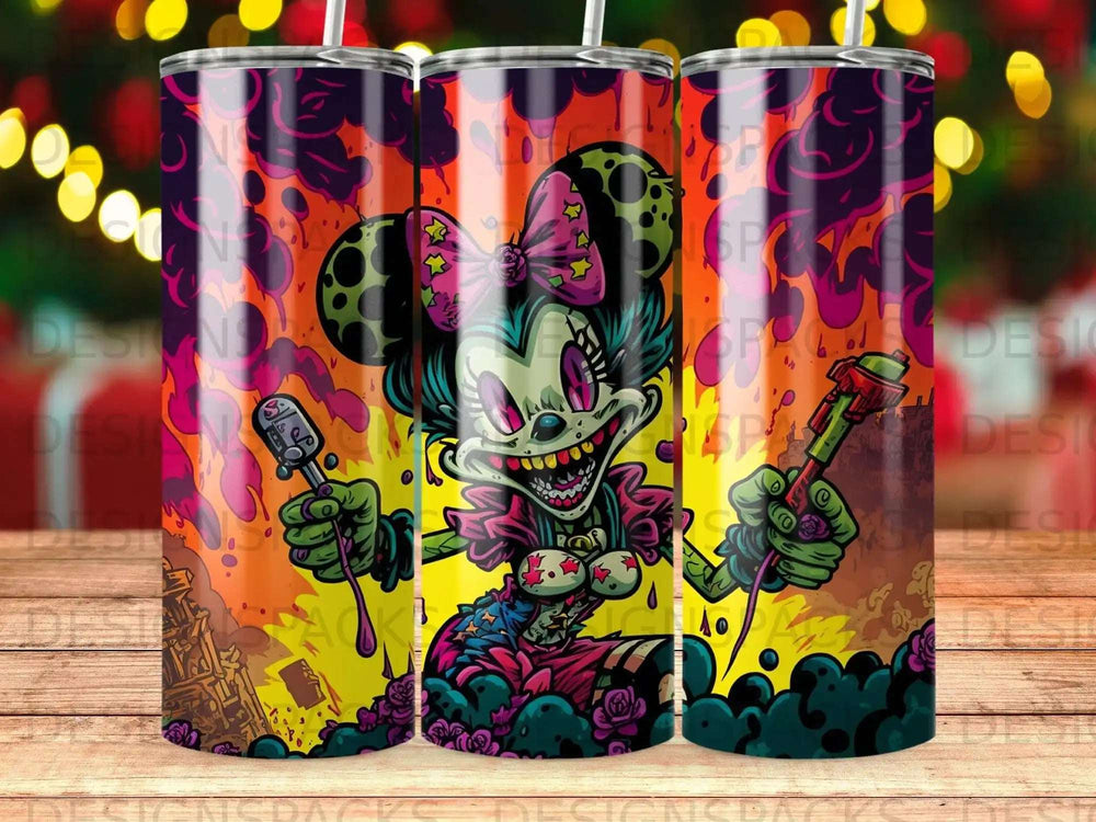 Cartoon zombie Minnie Mouse holding a microphone and a ray gun.