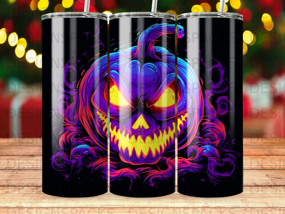 Purple Jack-o'-lantern with glowing eyes and sharp teeth.