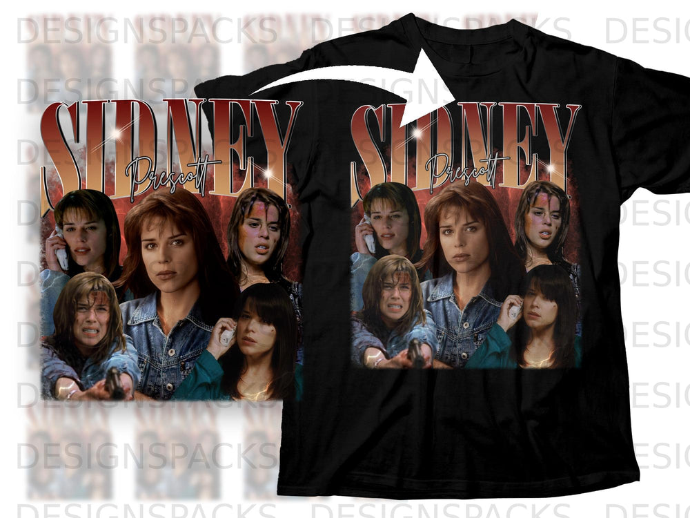 Sidney Prescott collage on black t-shirt with distressed text.