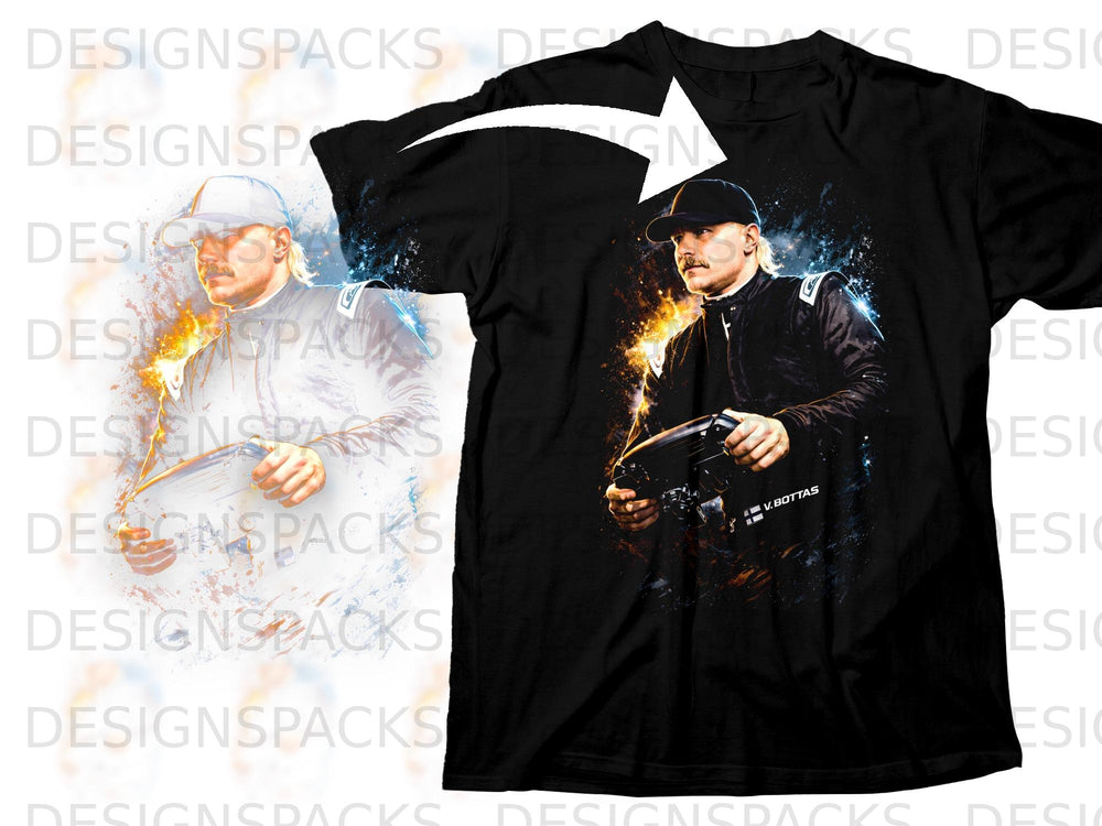 Black t-shirt with graphic of Valtteri Bottas holding a steering wheel.