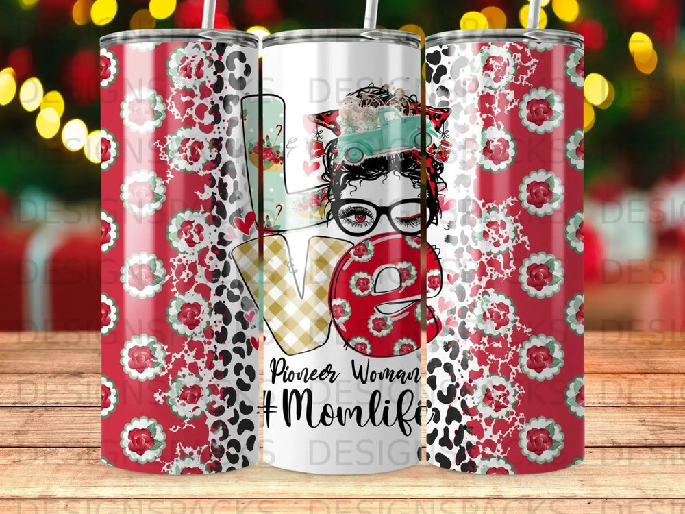 Red, white, and black floral and leopard print tumbler with "LOVE" and #Momlife.