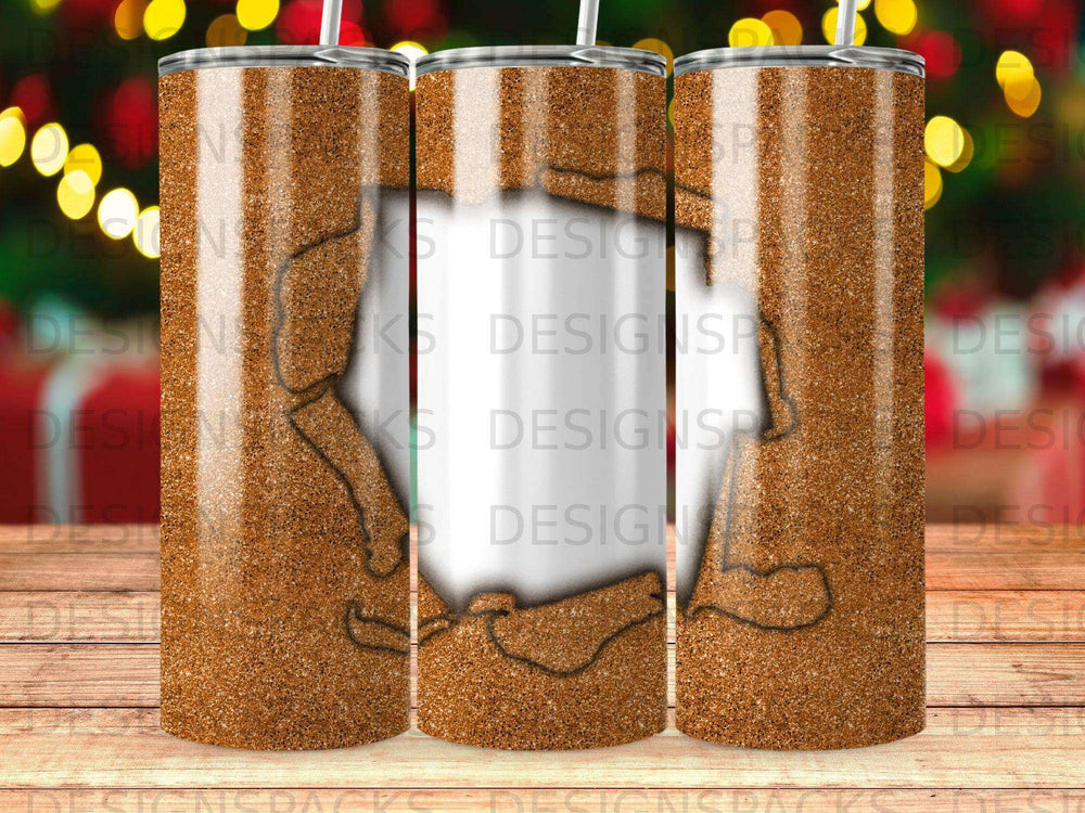Three tall tumblers with a sparkly brown texture and a white silhouette outline of a boot.