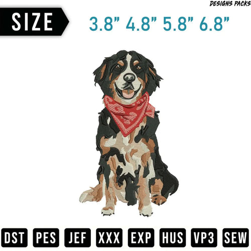 Bernese Mountain Dog wearing a red bandana, available in multiple sizes.