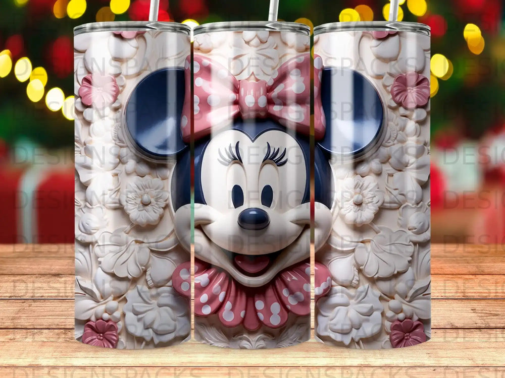 Minnie Mouse with a bow and floral pattern on a tumbler.