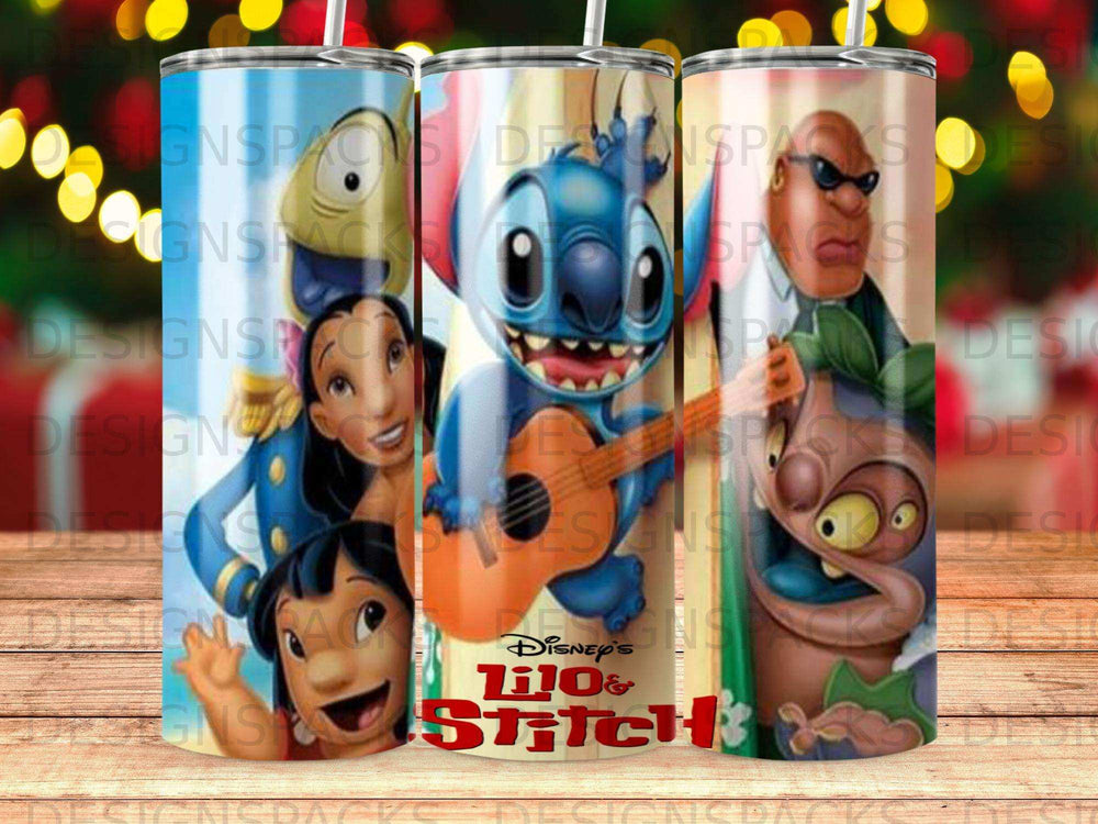 Lilo & Stitch tumbler with characters playing guitar and music.