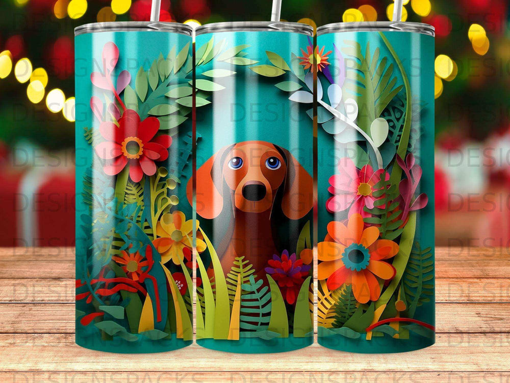 Dachshund peeking through colorful paper flowers and foliage.