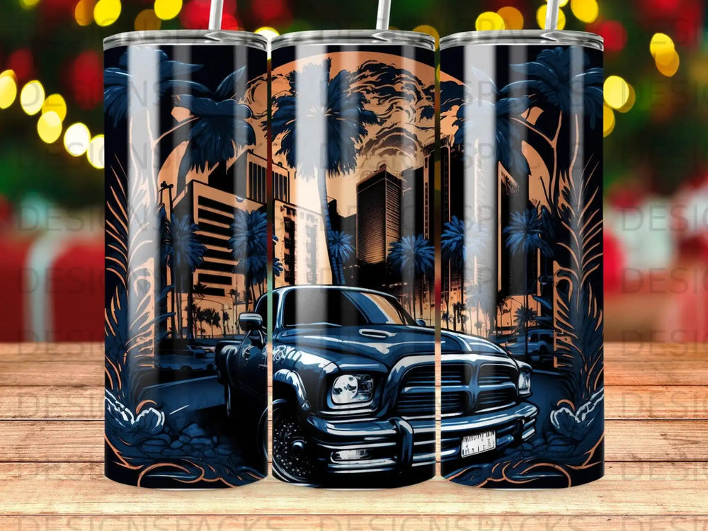 Dark blue pickup truck in front of a city skyline with palm trees.