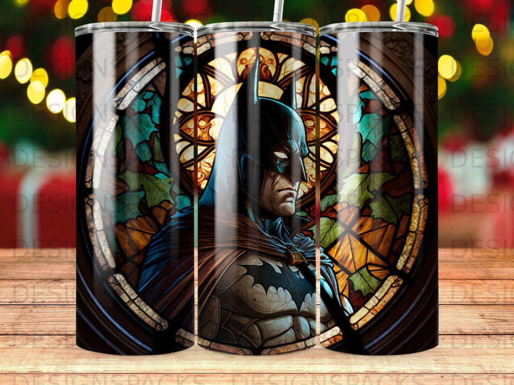 Batman stained glass tumbler design with a dark, brooding superhero.