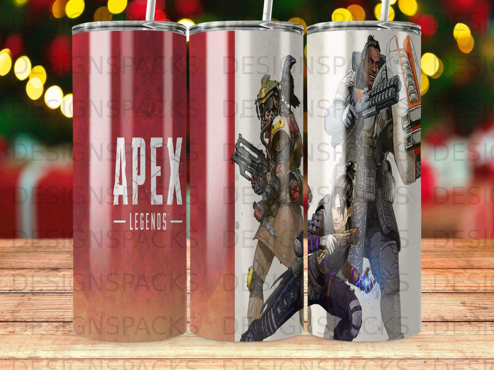 Apex Legends tumbler featuring Wraith and a Pathfinder skin.