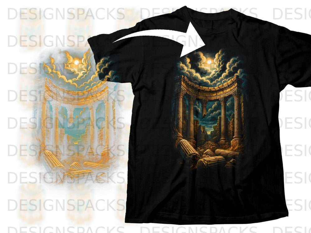 Black t-shirt with a graphic of ancient ruins under a cloudy, moonlit sky.