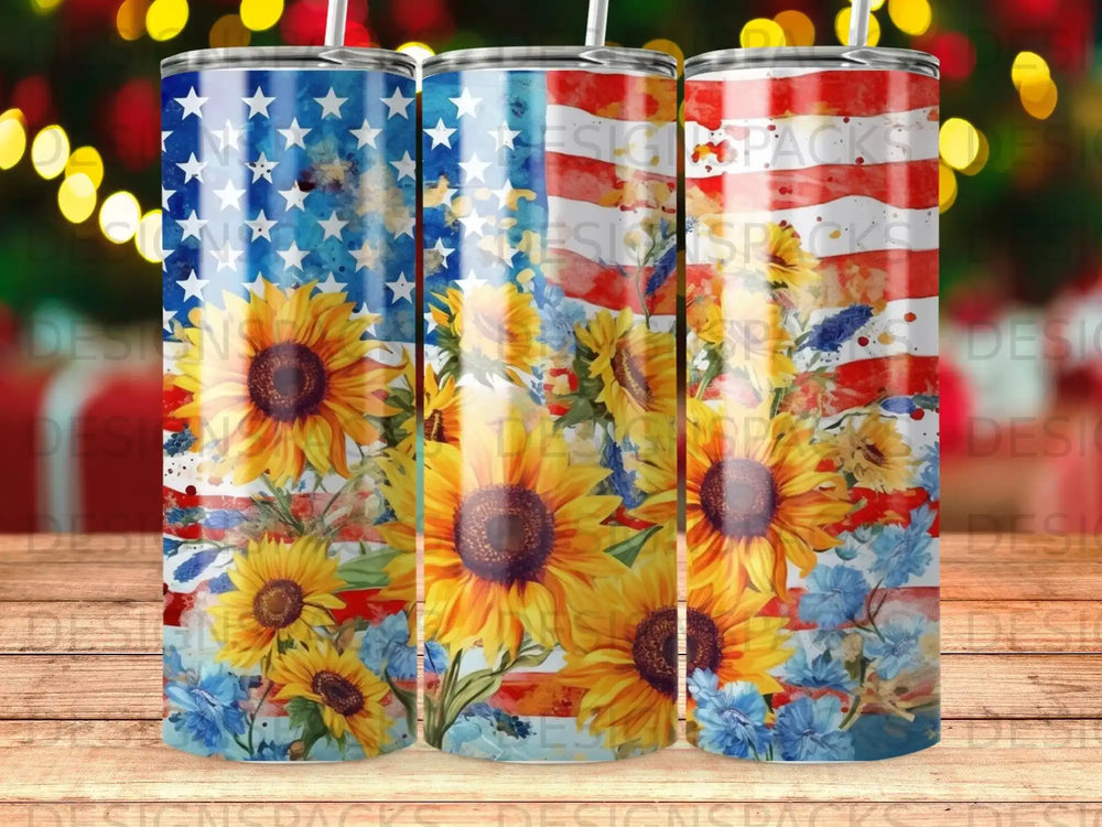 Sunflower and American flag design on a tumbler.