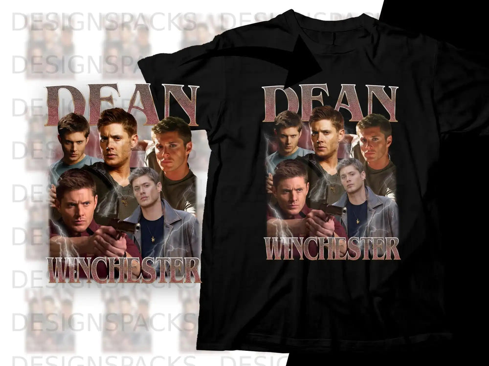 T-shirt featuring Dean Winchester collage with text.