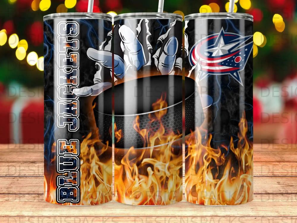 Columbus Blue Jackets hockey puck surrounded by flames.