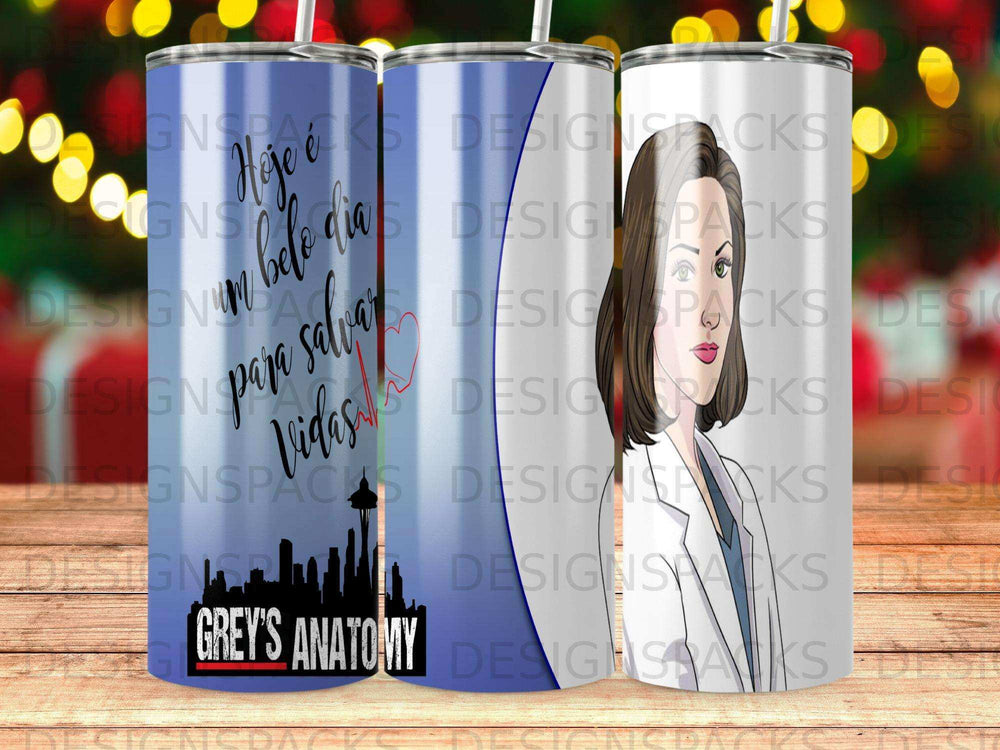 Grey's Anatomy tumbler with medical illustration and text.
