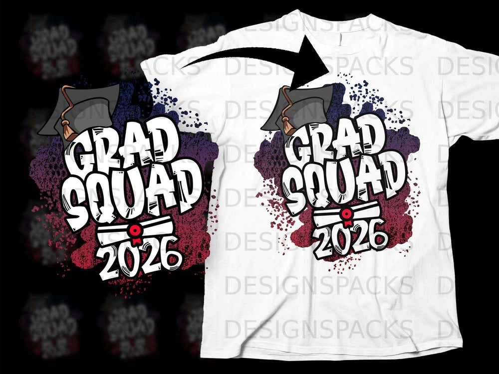 White t-shirt graphic with "Grad Squad 2026" text and mortarboard.