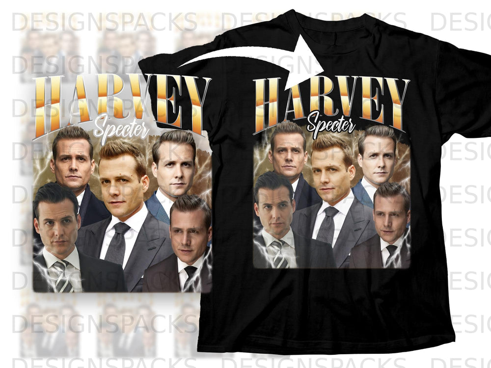 Black t-shirt featuring "HARVEY Specter" logo with cast of Suits actors.