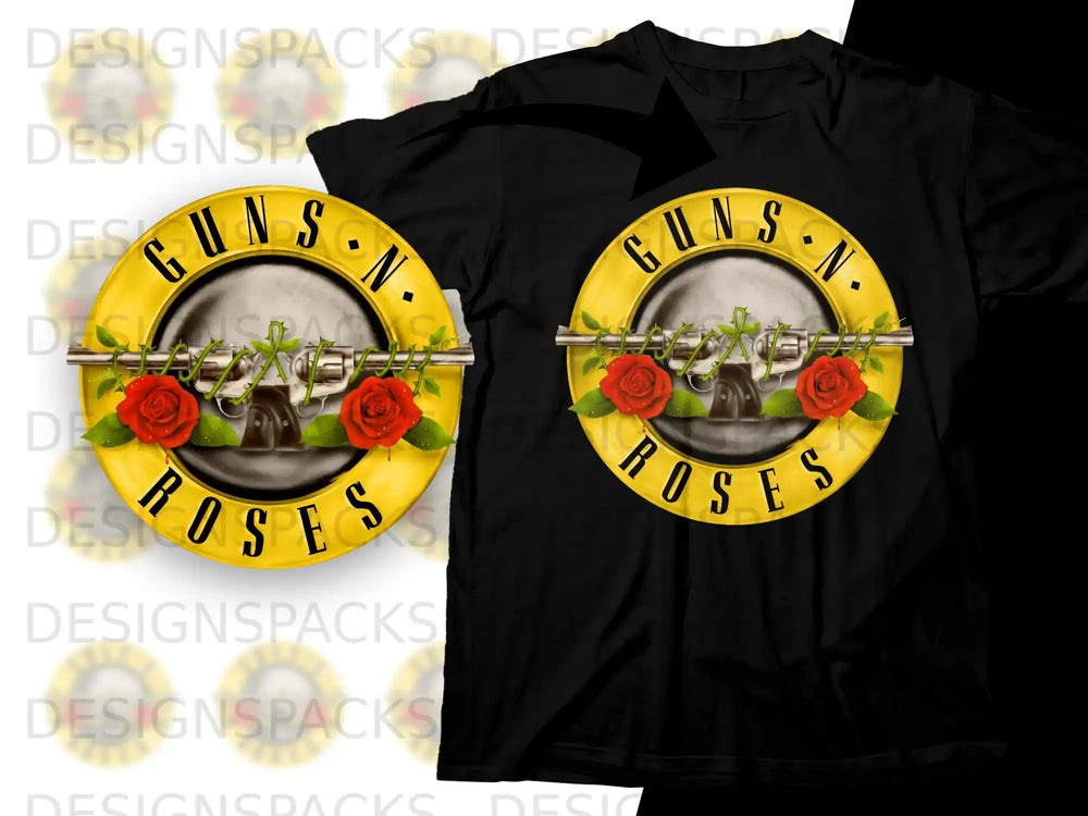 Guns N' Roses logo with roses and a revolver on a black t-shirt.