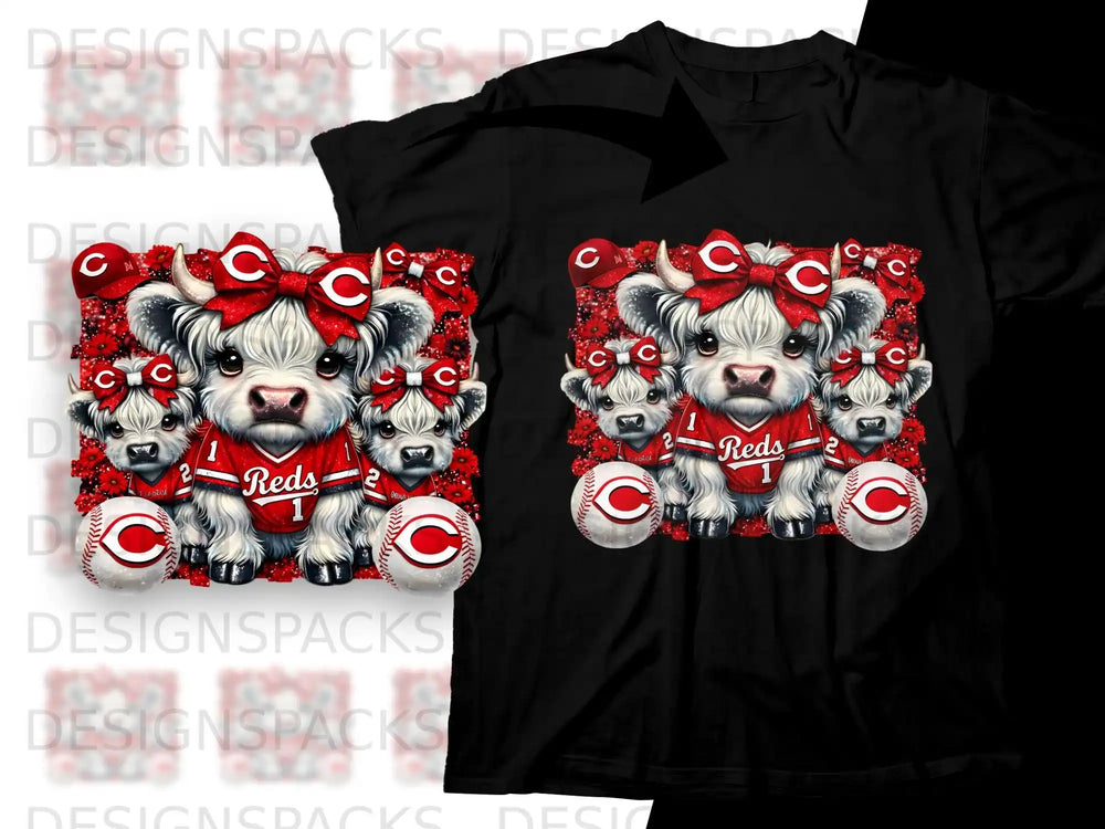 Cute cartoon bulls wearing Cincinnati Reds baseball caps and jerseys.
