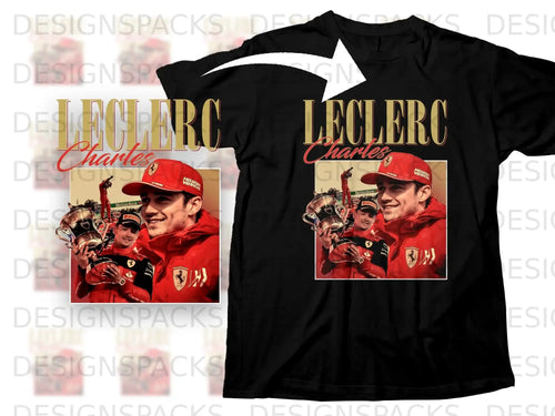 Black t-shirt featuring Charles Leclerc holding a trophy, with sponsors.