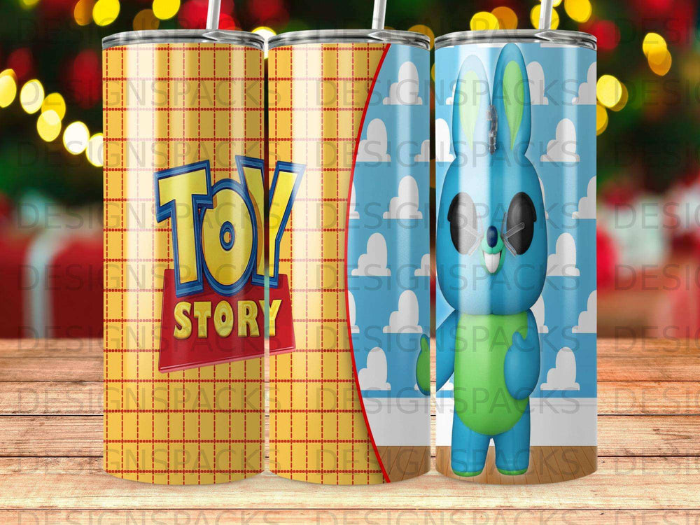 Toy Story themed tumbler with red stitching and yellow dots.