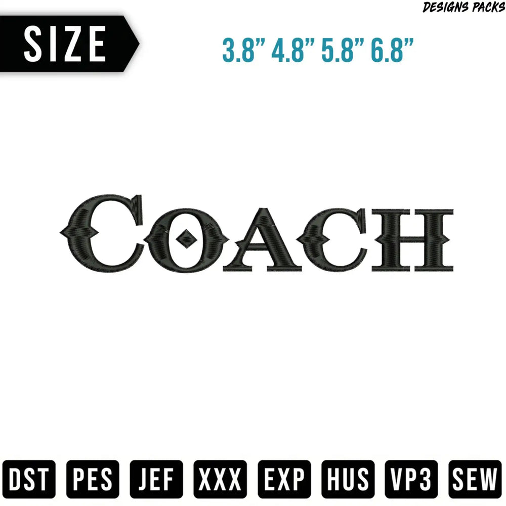 Coach logo embroidery file with size options and machine embroidery formats.