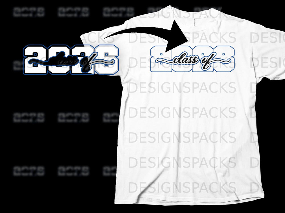 White t-shirt with blue and black "Class of 2028" graphic.