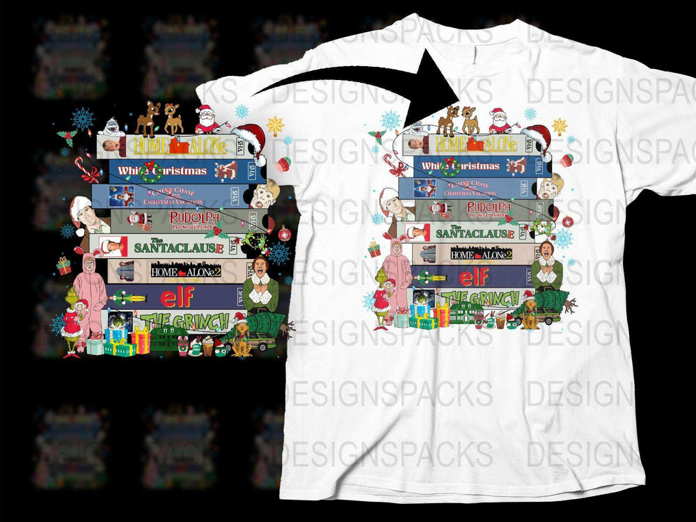 Festive Christmas T-Shirt with Santa Elf Reindeer Cartoon Design, Holiday Family Apparel, Colorful Xmas Graphic Tee for All Ages