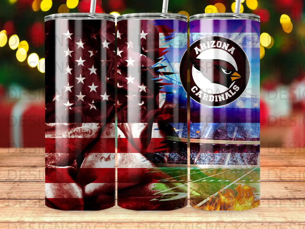 American flag and Arizona Cardinals logo on three tumblers.