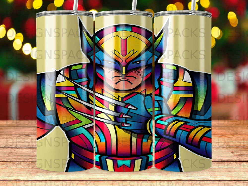 Wolverine's head and shoulders in colorful, geometric comic book style.
