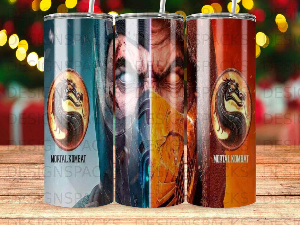 Three Mortal Kombat tumblers with character faces and logo.