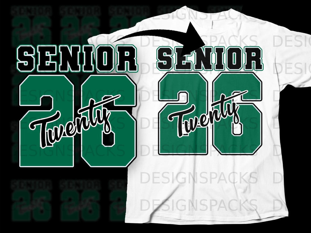 Green and black "Senior 26 Twenty" graphic on a white t-shirt.