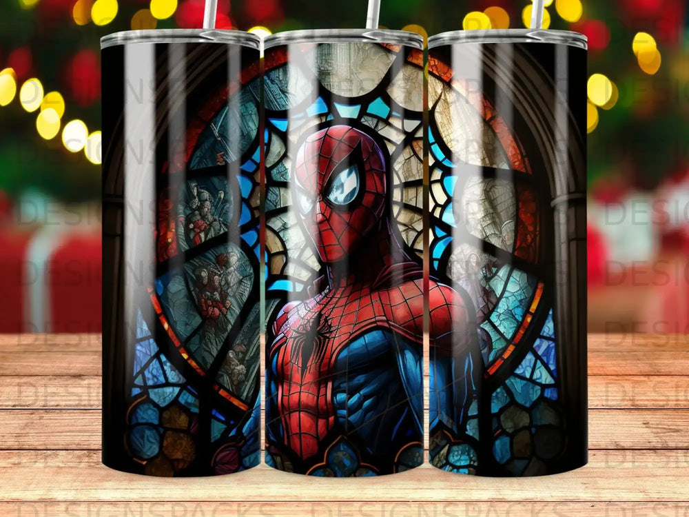 Spider-Man in stained glass mosaic, centered.
