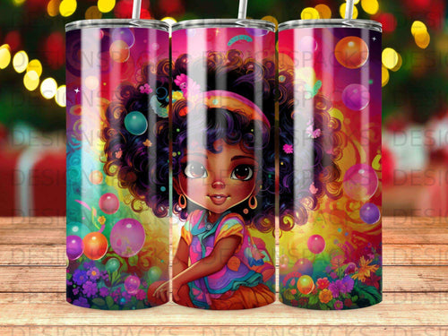 Young girl with colorful afro and vibrant, whimsical background.