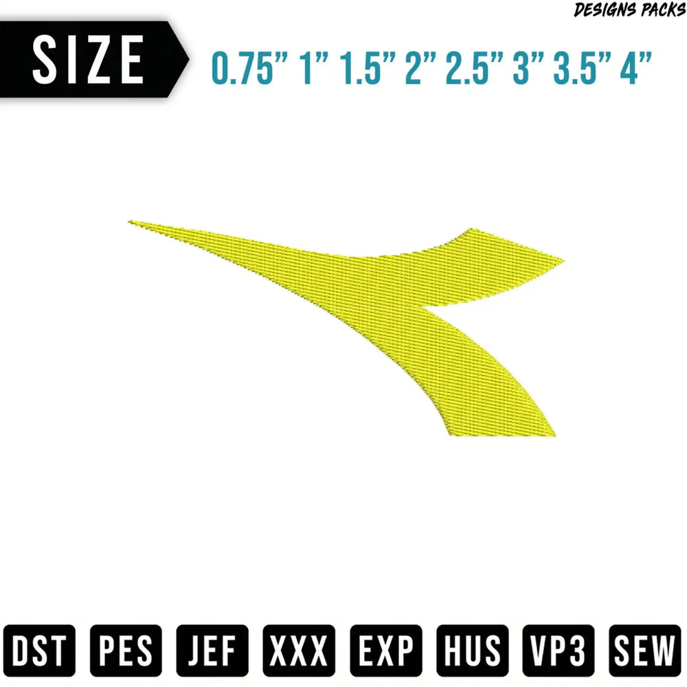 Yellow Diadora logo in multiple sizes with embroidery file types.