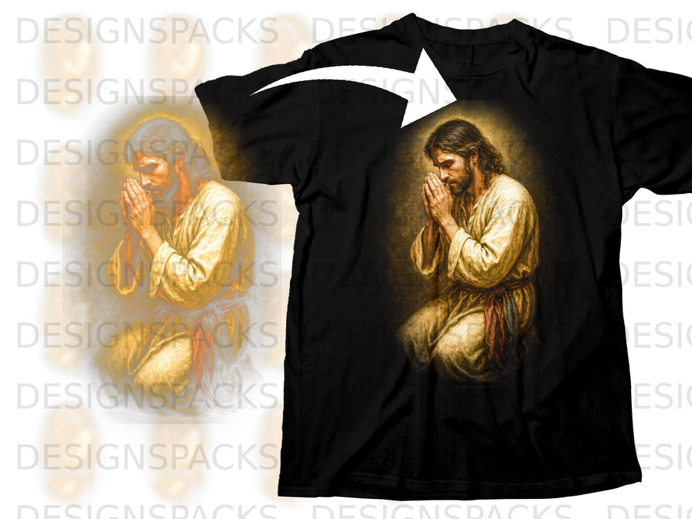 Black t-shirt with praying Jesus artwork, halo, and golden background.