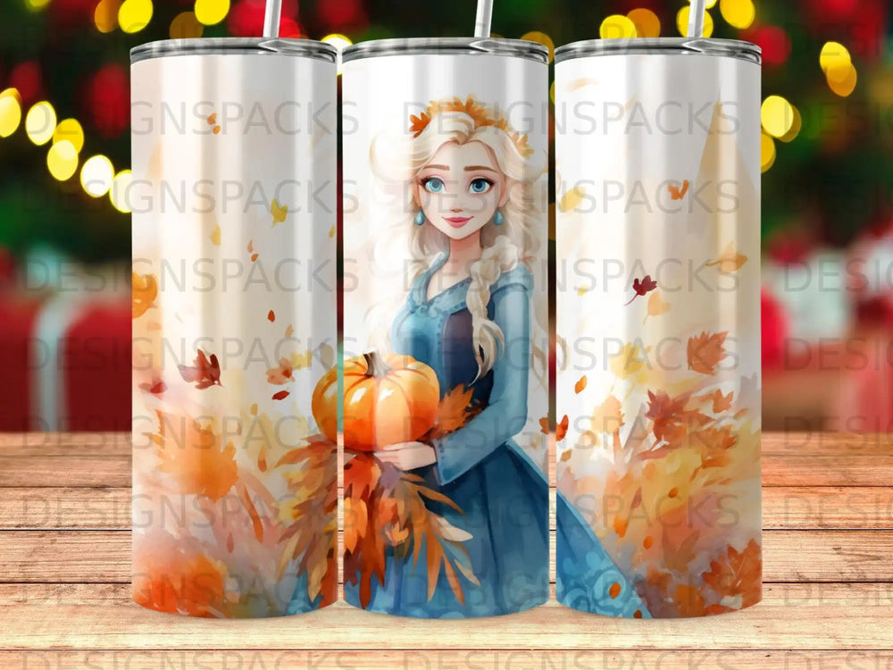 Frozen princess holding a pumpkin with autumn leaves.
