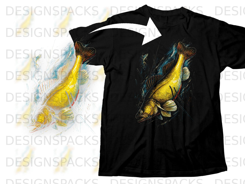 Black t-shirt with a graphic of a stylized yellow fish in dark water.