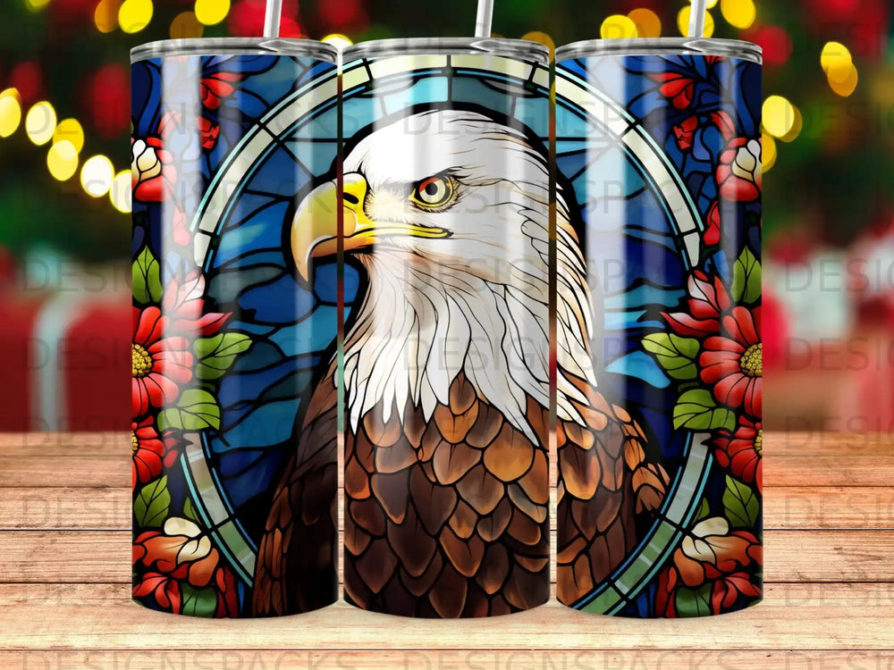 Eagle's head in stained glass surrounded by floral elements.