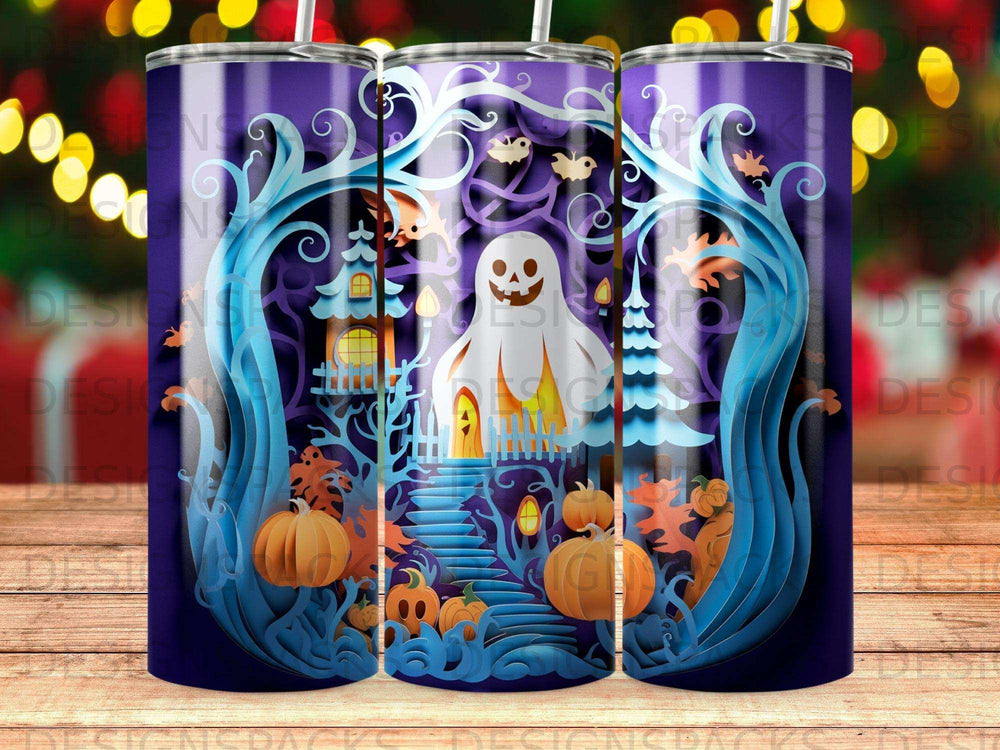 Halloween scene with ghost, haunted house, pumpkins, and trees on a purple tumbler.