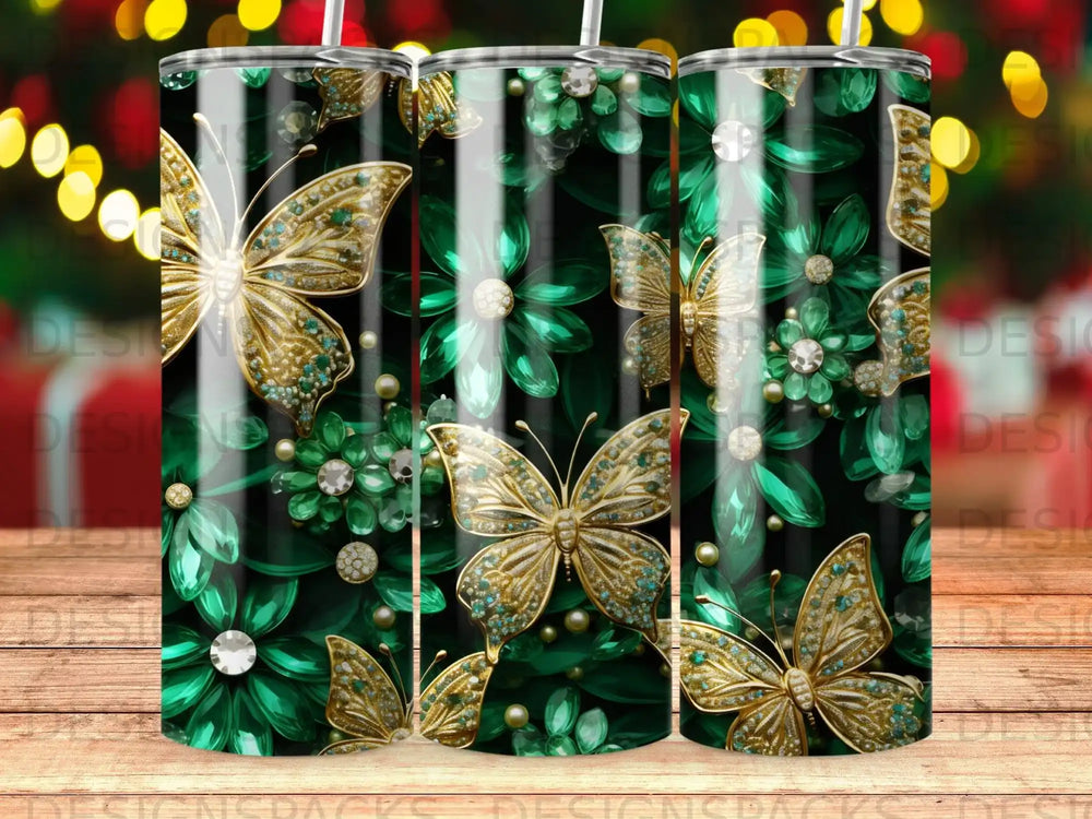 Gold butterflies and green gems on a dark floral pattern.