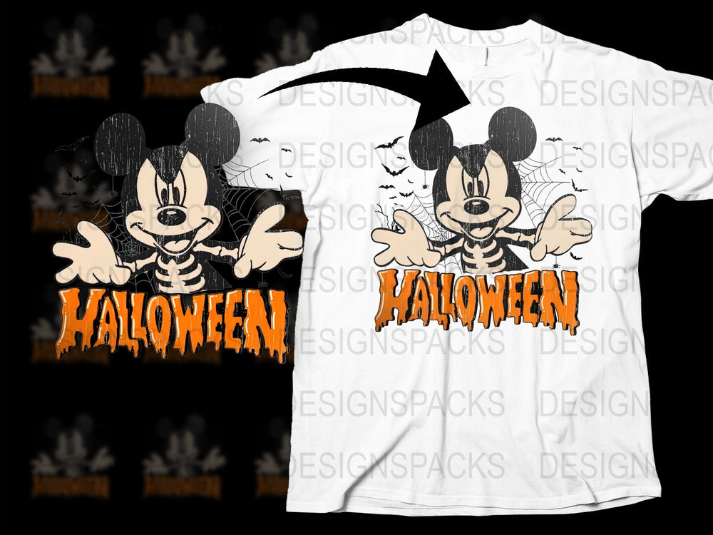 Mickey Mouse Halloween T-Shirt, Skeleton Cartoon Graphic Tee, Spooky Kids and Adults Top
