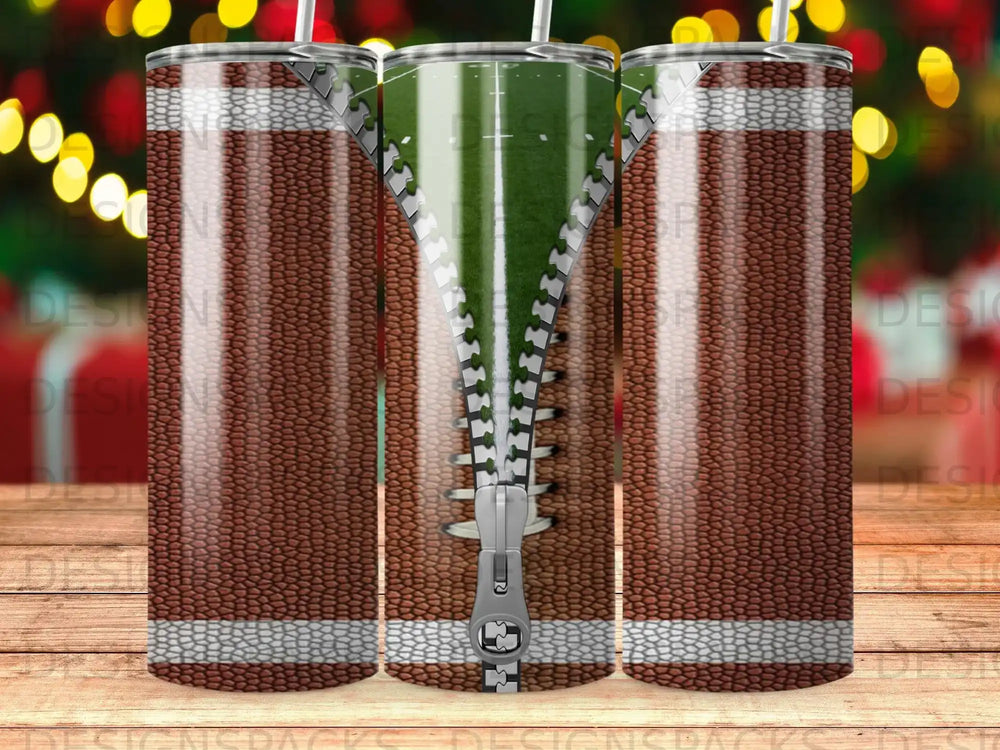 Football stadium graphic on a tumbler with zipper detail.