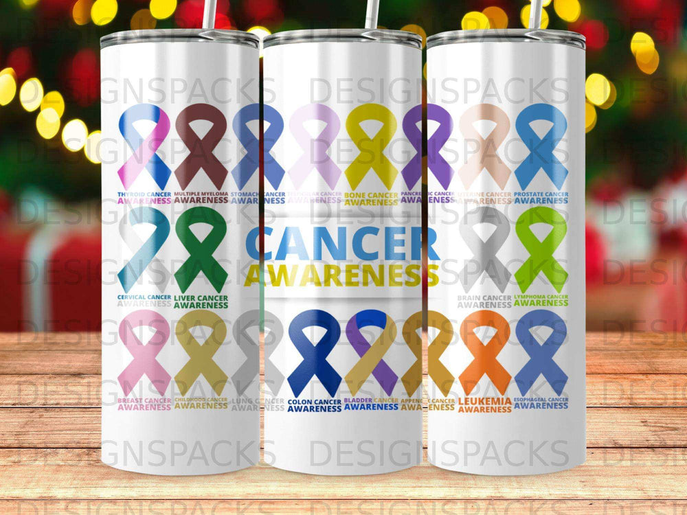 Cancer awareness ribbons in multiple colors and types displayed on tumblers.
