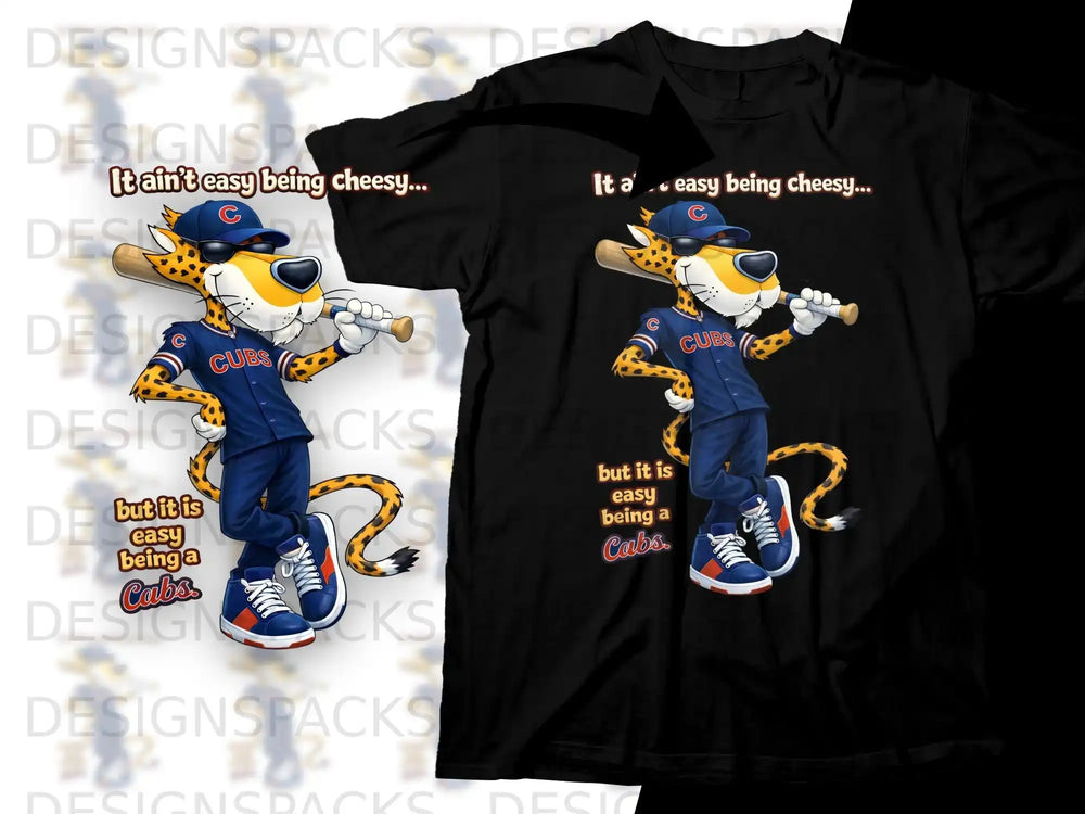Cartoon cheetah mascot in Chicago Cubs uniform, holding a baseball bat.