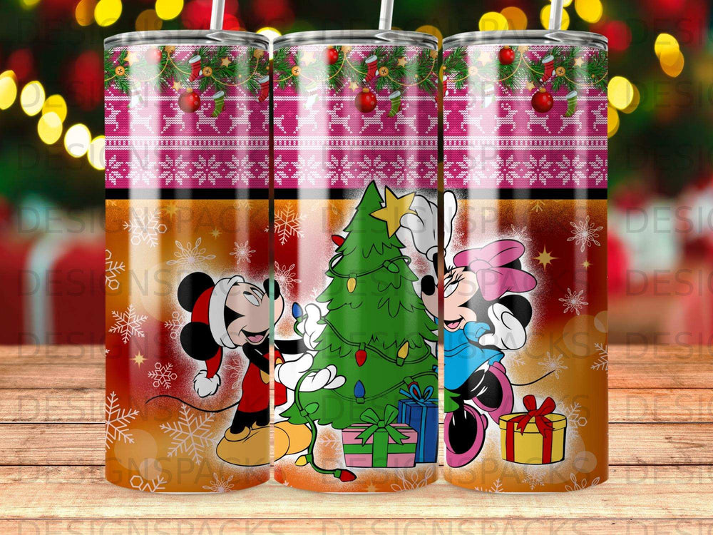 Mickey and Minnie Mouse celebrate around a Christmas tree.