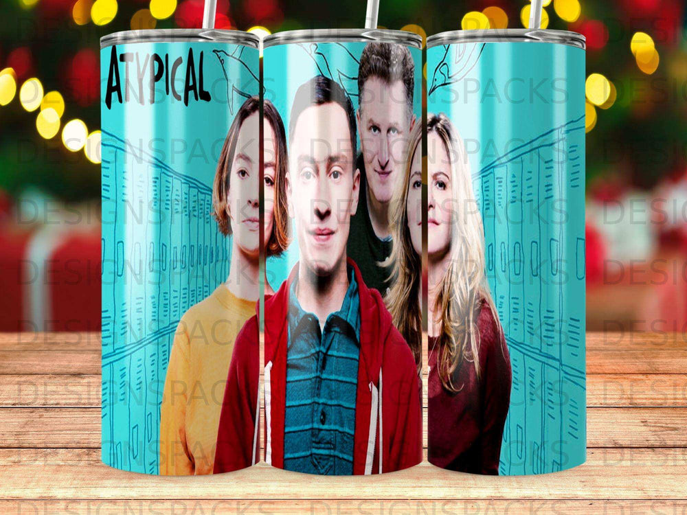 Adults in front of a blue wall with a repeating "ATYPICAL" graphic.